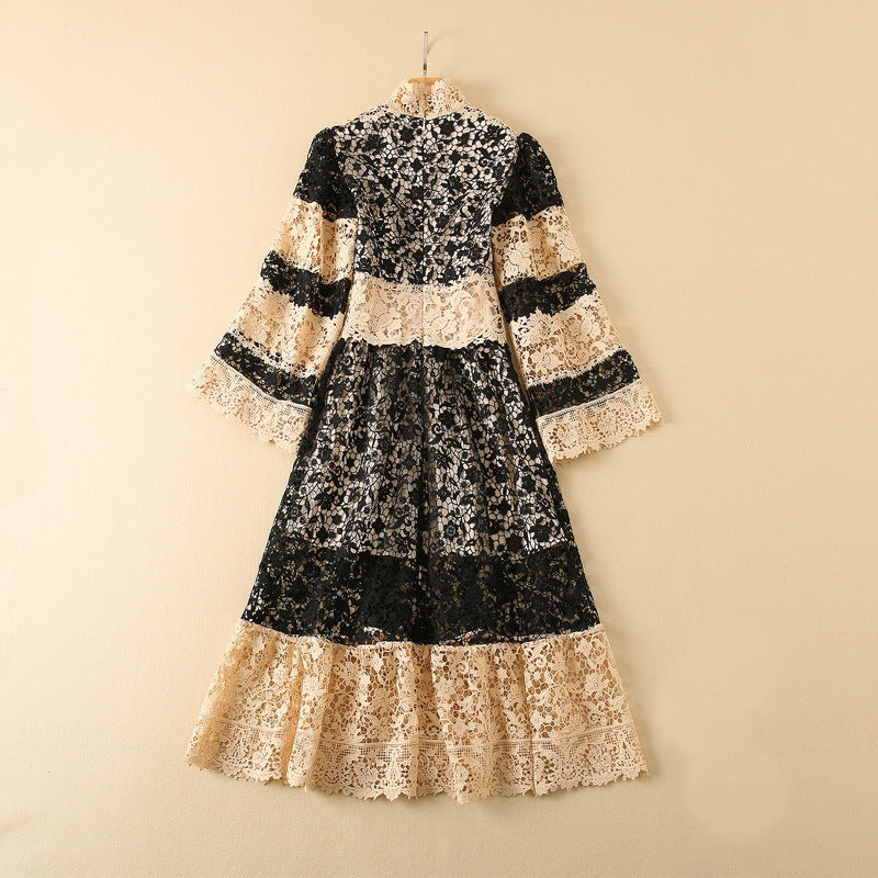 Water Soluble Color Contrast Patchwork Wide Long Sleeve Dress