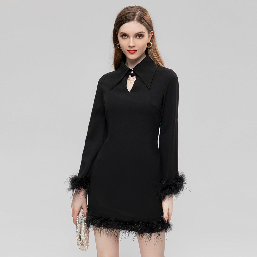 Lapel Feather Long Sleeve Dress