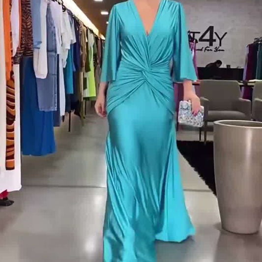 Vestido suelto de color sólido plisado con cuello en V de moda europea y americana