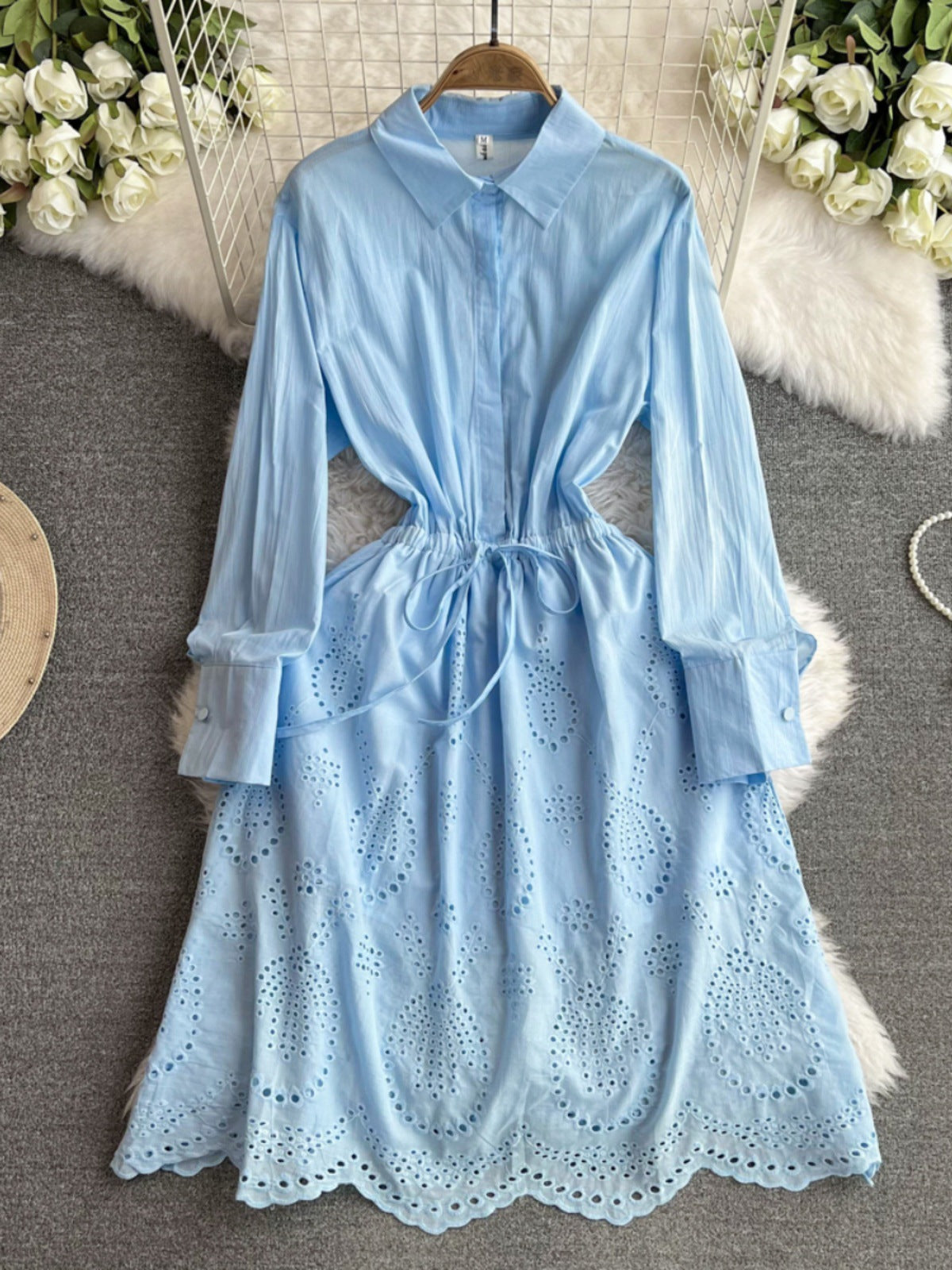 Waist-tight Slimming Lantern Sleeves Shirt Midi Dress