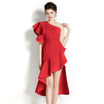 Three-dimensional Ruffled Shoulder Irregular Mid-length Dress