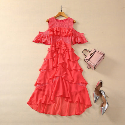 Round Neck Multi-layer Ruffles Stitching Big Swing Dress