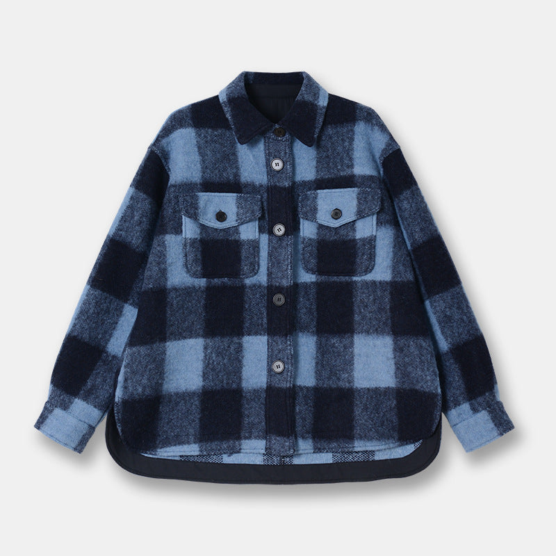 Wool Plaid Short Coat Shirt Collar Women's Loose Top Woolen Coat For Men And Women