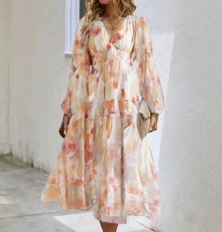 Deep V Print High Waist Long Sleeves Dress Women