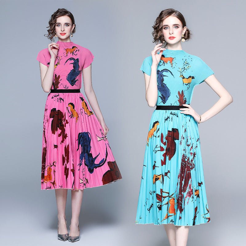 Western Style Printed Stand Collar Elegant Slim Slimming Pleated Fashion Suit Two-piece Set