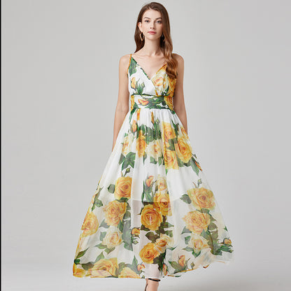 Printed Sling Chiffon High Waist Dress