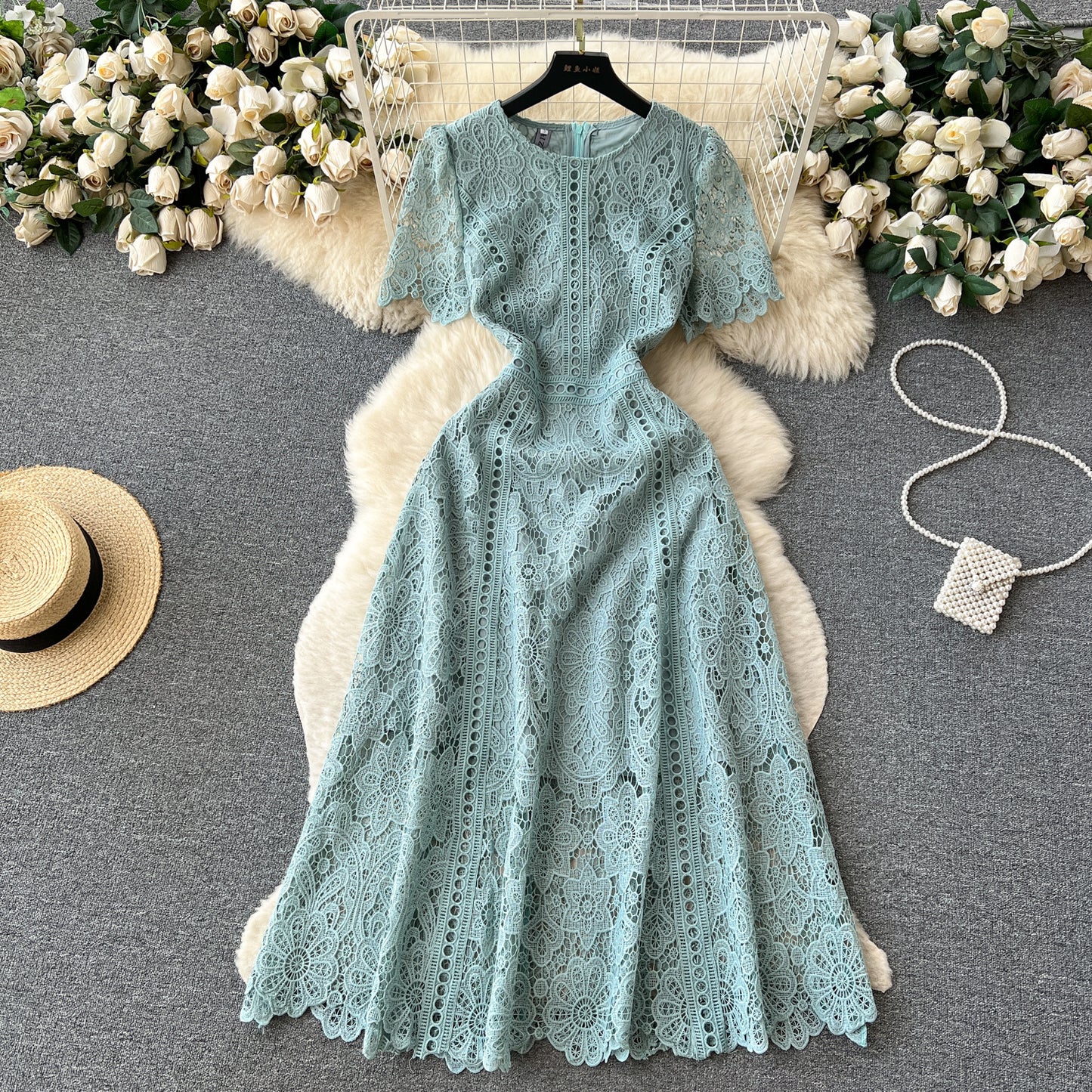 Round Neck Ruffle Sleeve Lace Dress