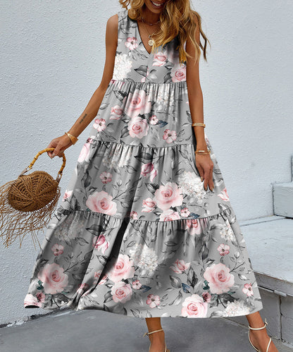 Printed V-neck Patchwork Large Swing Dress