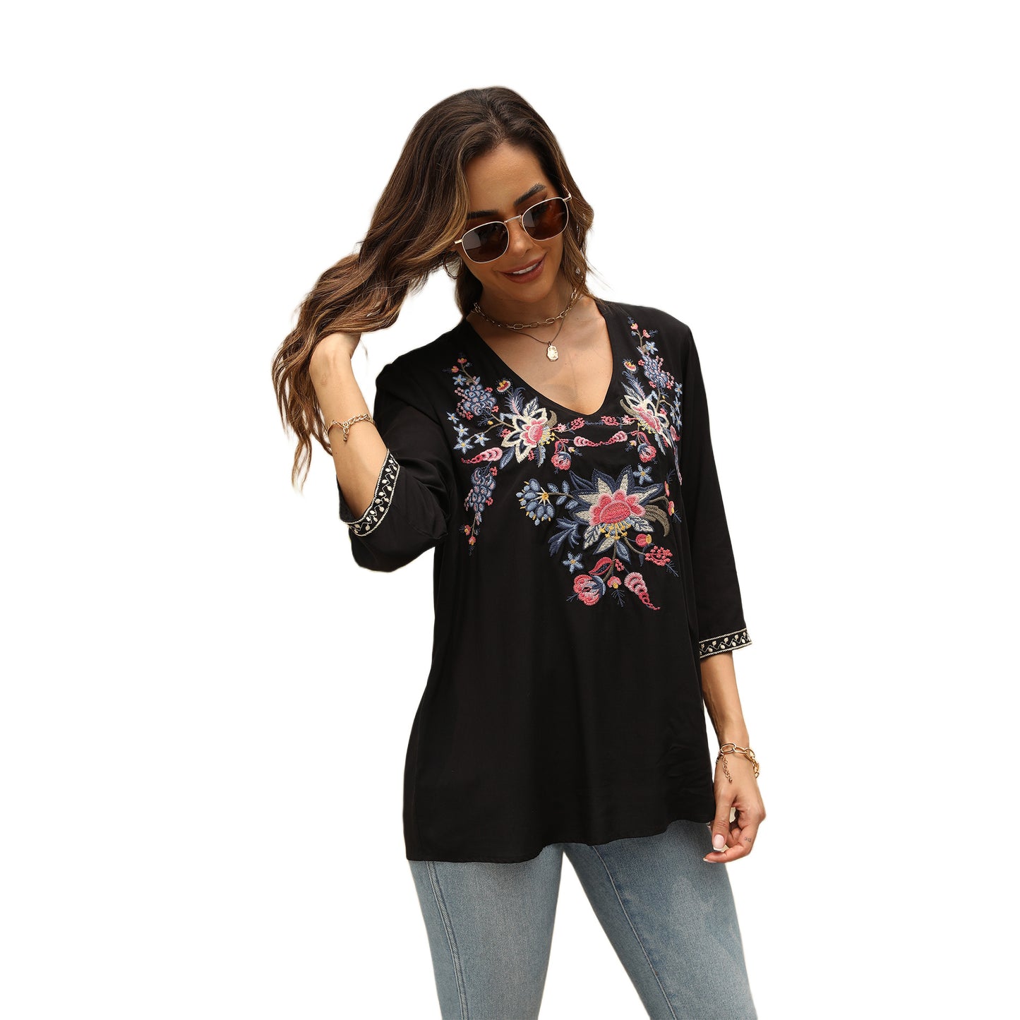 Women's V-neck Embroidered Top