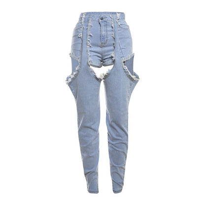 Fashion Trend Irregular Hollow-out High Waist Jeans For Women