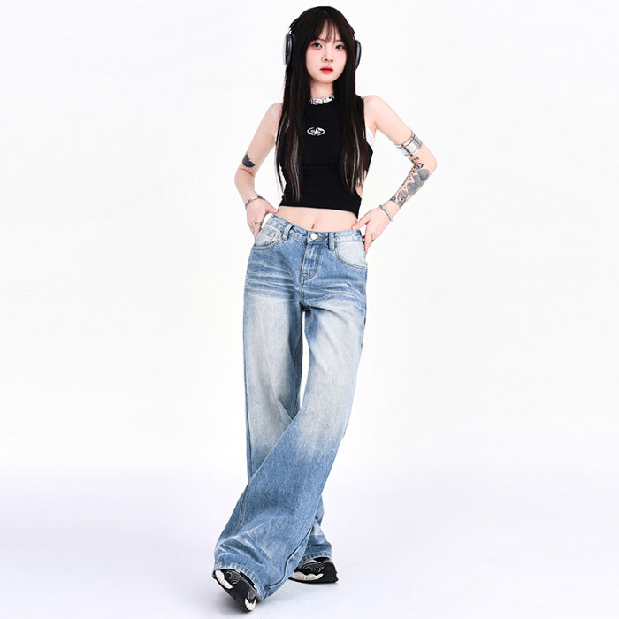 Mopping Loose Worn Looking Washed-out Denim Straight Wide-leg Pants