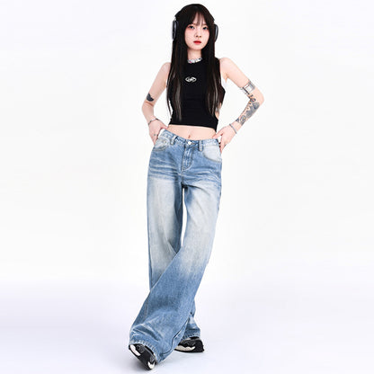 Mopping Loose Worn Looking Washed-out Denim Straight Wide-leg Pants