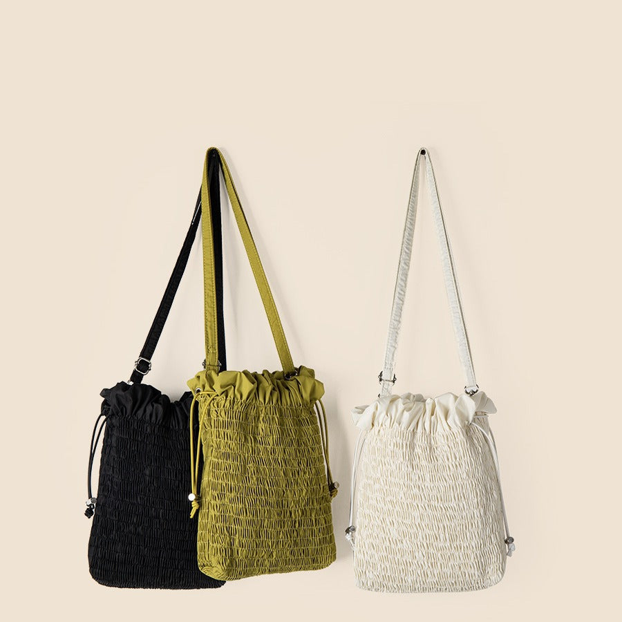 Pleated Nylon Cross Body Bucket Bag Simple Drawstring