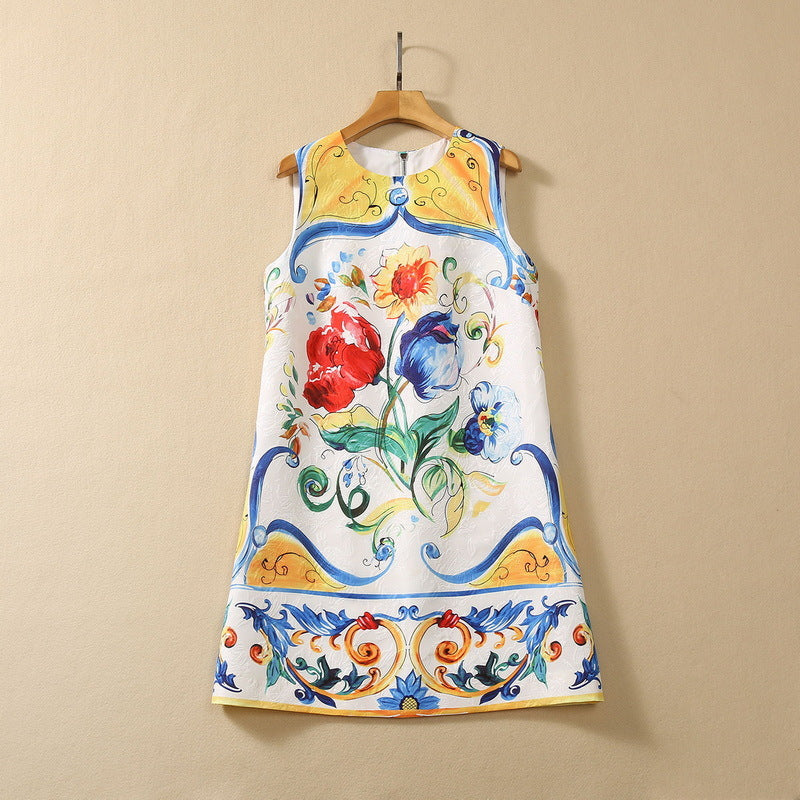 Round Neck Sicilian Colored Glaze Printed Vest Dress