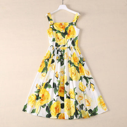 Fritillary Button Large Pocket Yellow Roses Sling Dress