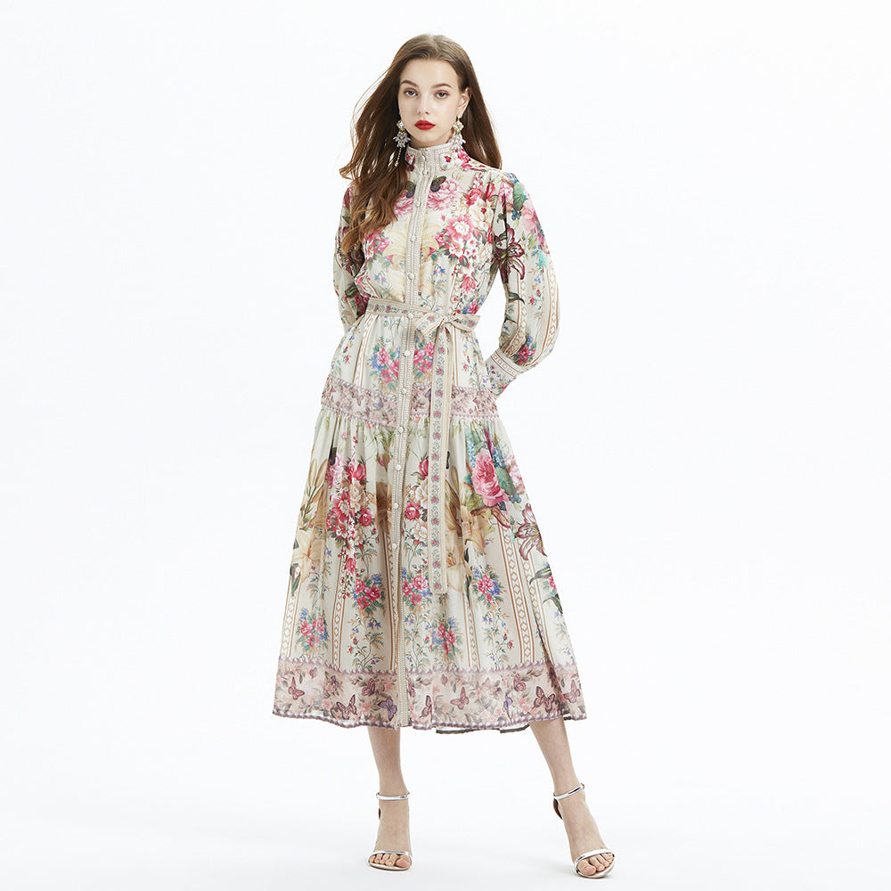 Lantern Sleeve Printed Long Sleeve Elegant Ruffle Long Dress Chiffon Two-piece Set