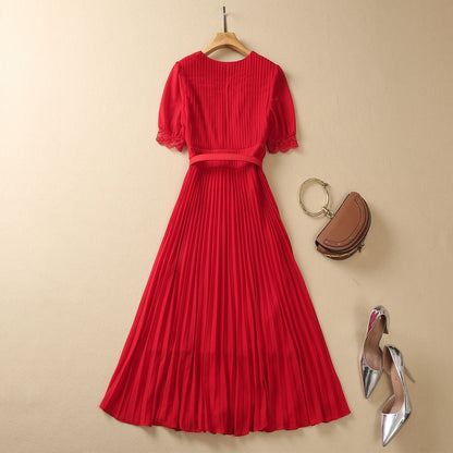 Heavy-duty Pleated Lace V-neck High Waist Chiffon Dress