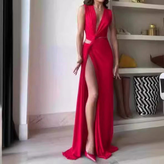 Vestido de chica caliente con escote en V y abertura alta para mujer