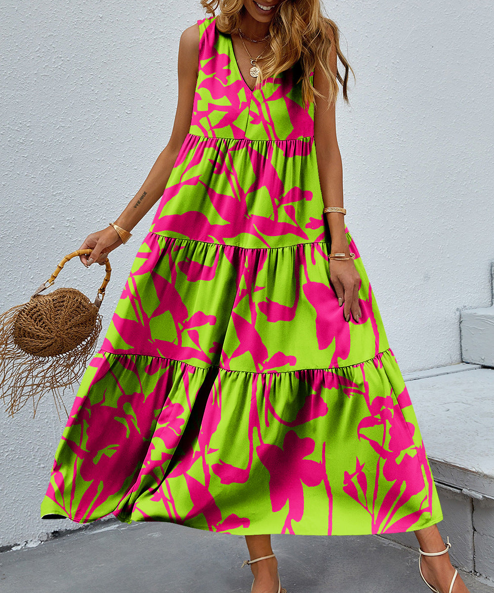 Printed V-neck Patchwork Large Swing Dress