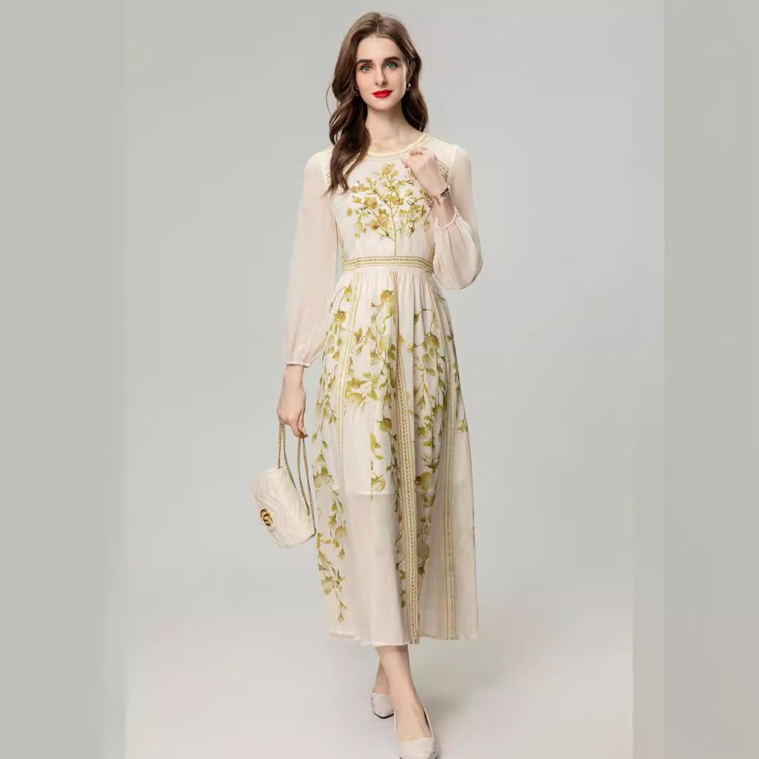 Printed Flower Heavy Industry Beads Long Sleeve Elegant Chiffon Dress