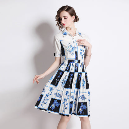 French Retro Printed Shirt Dress