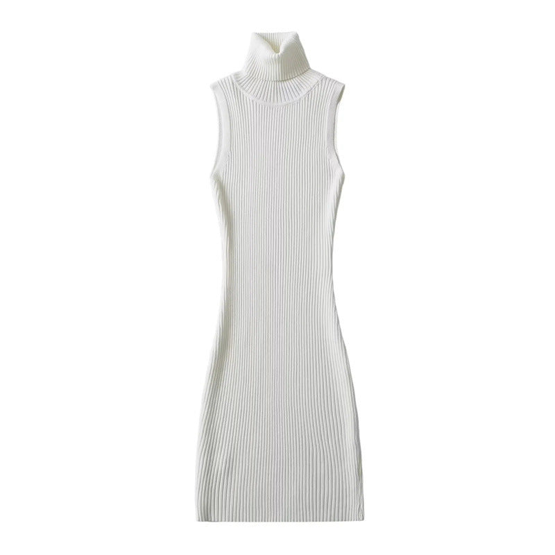 Mature Elegant Turtleneck Knitting Slim Sleeveless Vest Dress