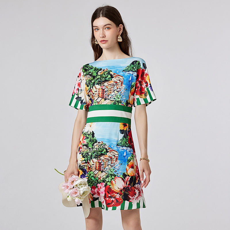 Off-neck Printed Short Sleeve Waist-controlled Dress