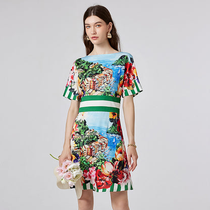 Off-neck Printed Short Sleeve Waist-controlled Dress