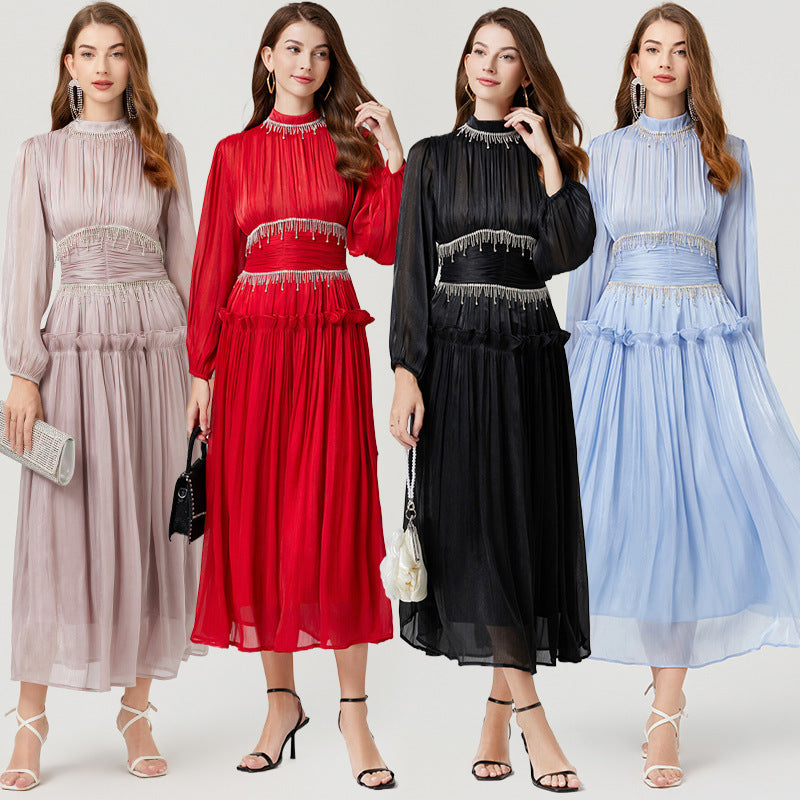 Pleated Waist Tight Long Puff Sleeve Dress