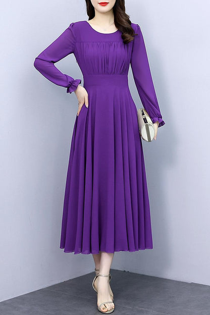 Organ Pleat Solid Color Wide Hem Slim Fit Slimming Long Sleeves Dress