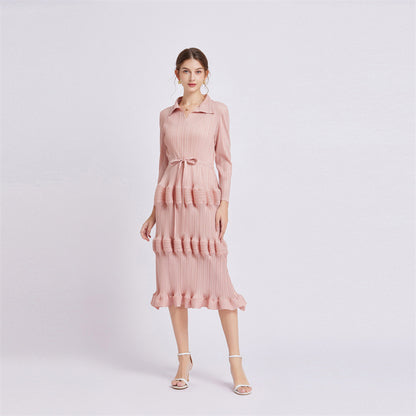 Fashion Dress Mid Waist Pleated Slim Fit Lantern Dress