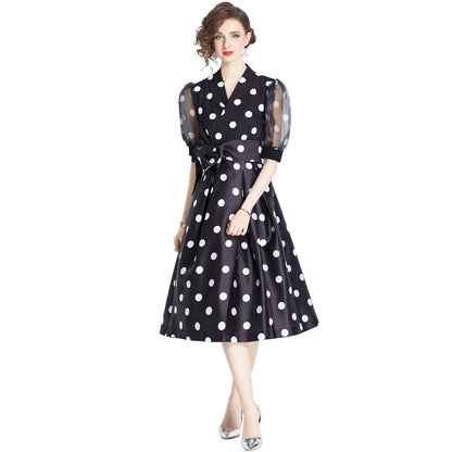 French Fitted Waist Polka Dots Dress 1-sense Long Skirt