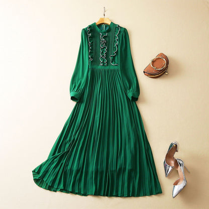 Small Stand Collar Fungus Pleated Long Sleeve Dress Women