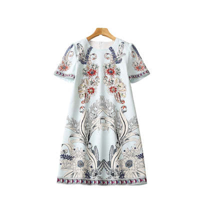 Symmetrical Printed Heavy Industry Beads Diamond Loose Waist Short Sleeve Dress