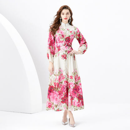 Retro Stand Collar Single-breasted Printed Wide Swing Long Dress