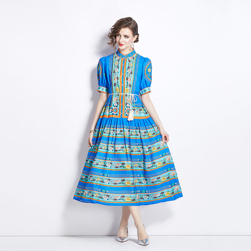 Retro Cotton And Linen Stand-up Collar Puff Sleeve Printed Dress