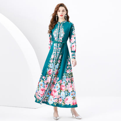 Retro Stand Collar Single-breasted Lantern Sleeve Printed Wide Swing Long Dress