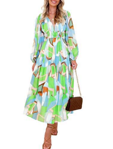 Deep V Print High Waist Long Sleeves Dress Women