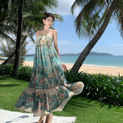 Vestido con top de tubo con hombros descubiertos Vacaciones junto al mar de primavera para mujer