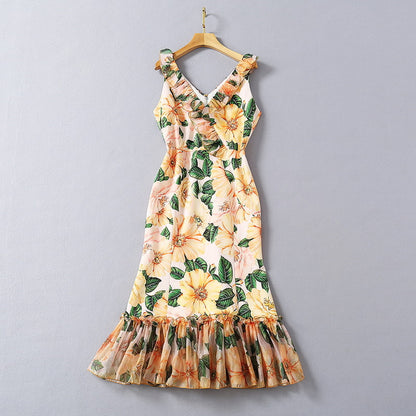 Ruffle V-neck Camellia Printed Fishtail Dress