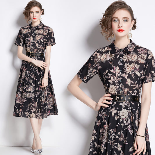 Ink Printing Mid-length Large Swing Dress