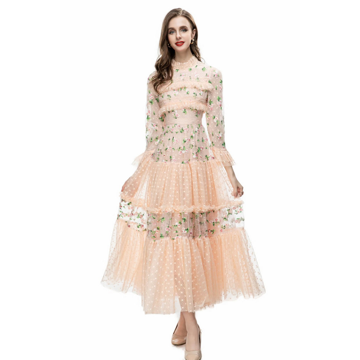 Exquisite Embroidery Floral Lace Long Sleeve Dress