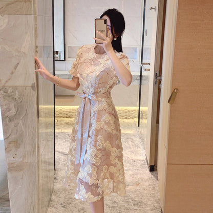 French Style Temperament Apricot Flowers Dress