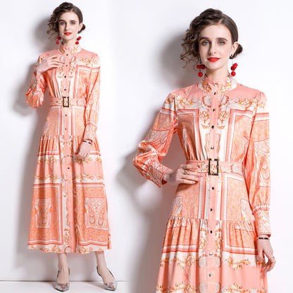 Retro Totem Printing Temperament Single-breasted Long Sleeve Large Swing Dress