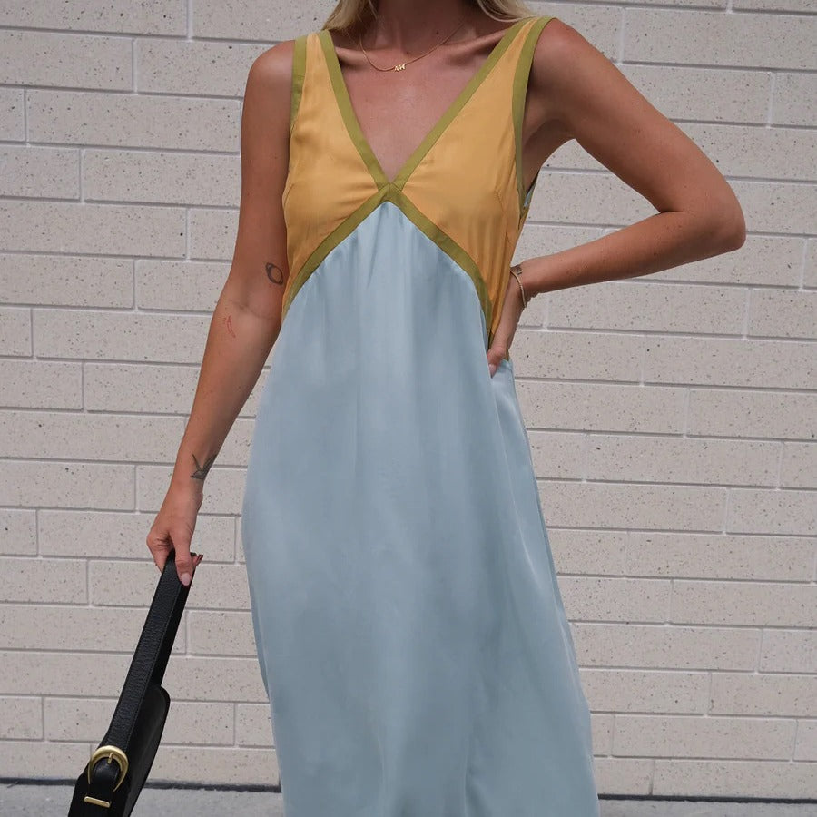 V-neck Sleeveless Color Matching Cuprammonuium Large Swing Dress