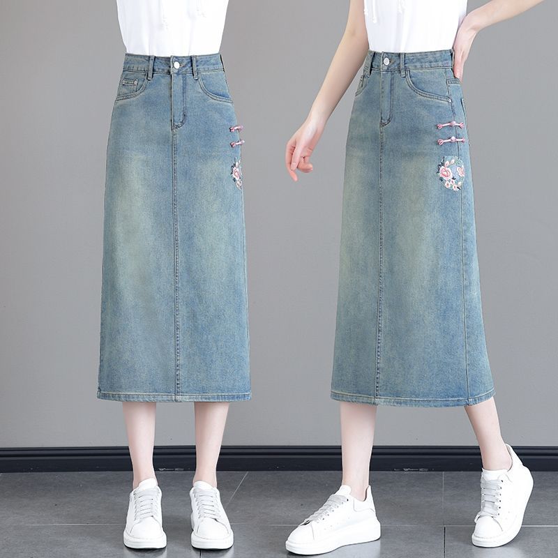 New Chinese Embroidery National Style Denim Skirt