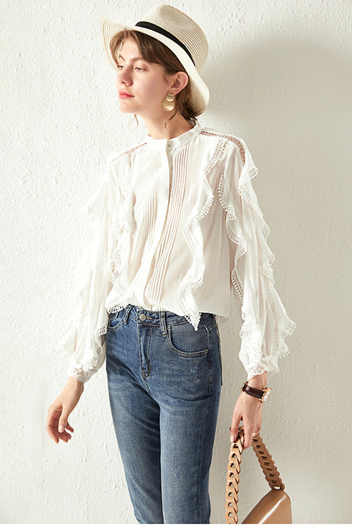 French Linen Elegant Wooden Ear Belly Covering Slimming Loose All-match Lace Sense Of Design Shirt