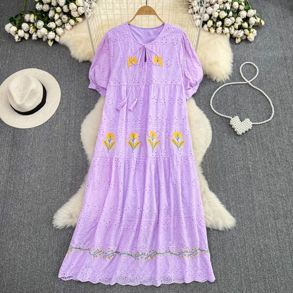 Sweet Puff Short Sleeve Round Neck Hollow Embroidery Dress