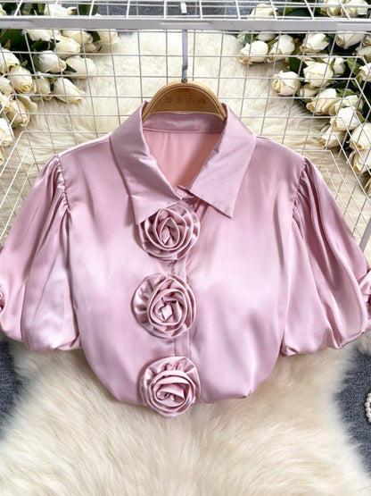 Three-dimensional Flower Puff Sleeve 1 French Satin Top