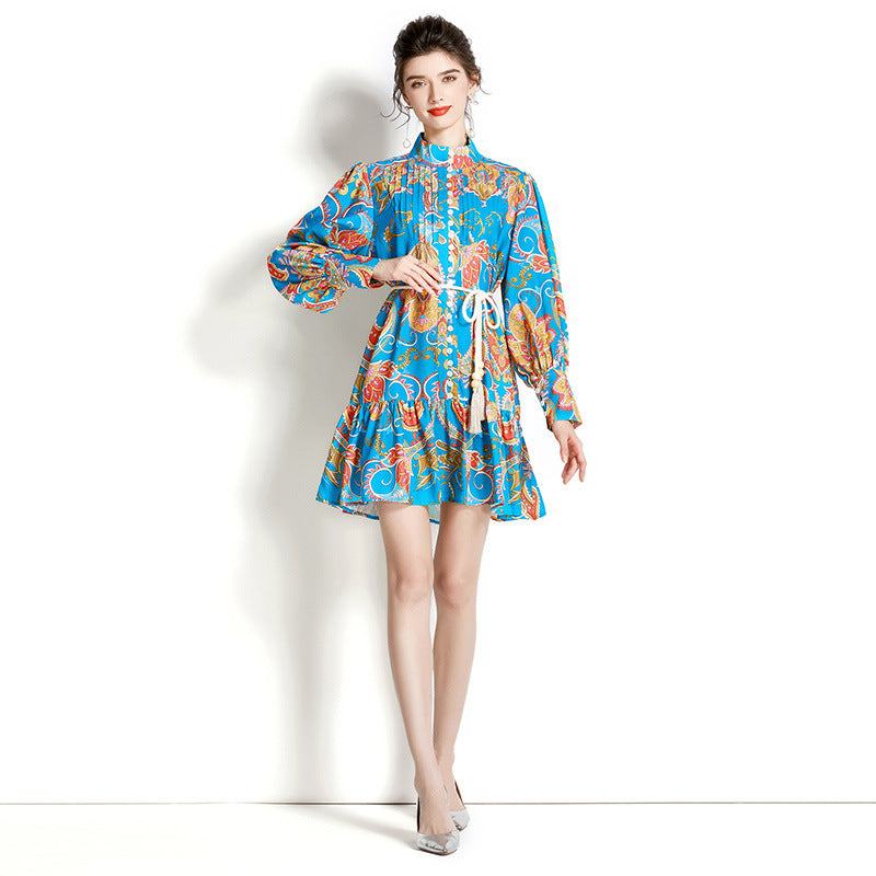 Retro Stand-up Collar Puff Sleeve Pleated Wavy Edge Short Print Dress